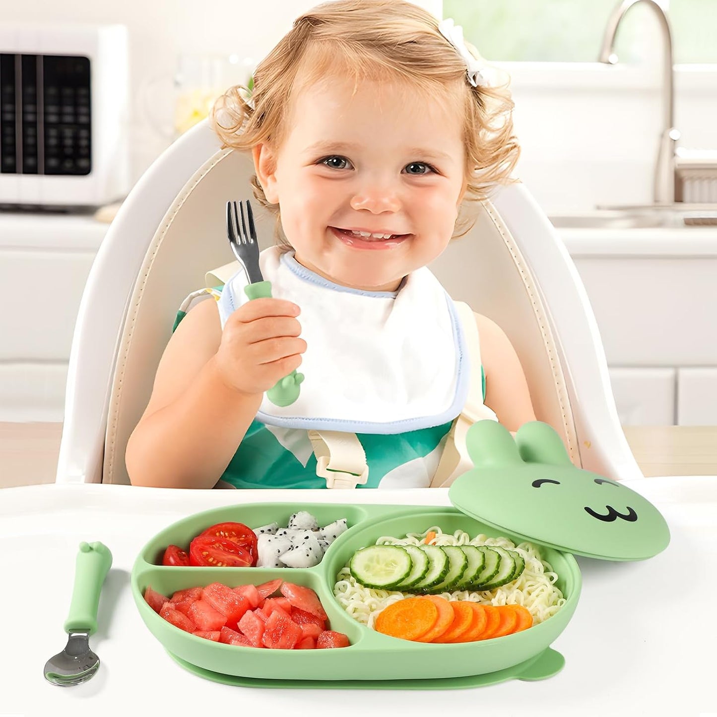 Silicone Baby Plate,Self-feeding of infants after weaning, 100% Food Grade Silicone, BPA Free, 3 Compartments Separated Including Fork and Spoon, Non-Slip With Suction Cups, Toddler plates (green)