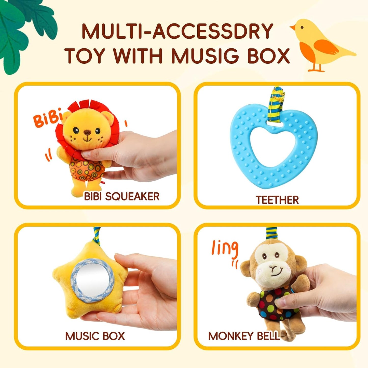 Jollybaby Crib Stroller Car Seat Toys for Baby 0-3-6-9-12 Months, Tummy Time Hanging Sensory Toys for Newborn with Music Box and Teether, Spiral Carseat Toy for Baby Boys Girls Gifts (07-Little Lion)