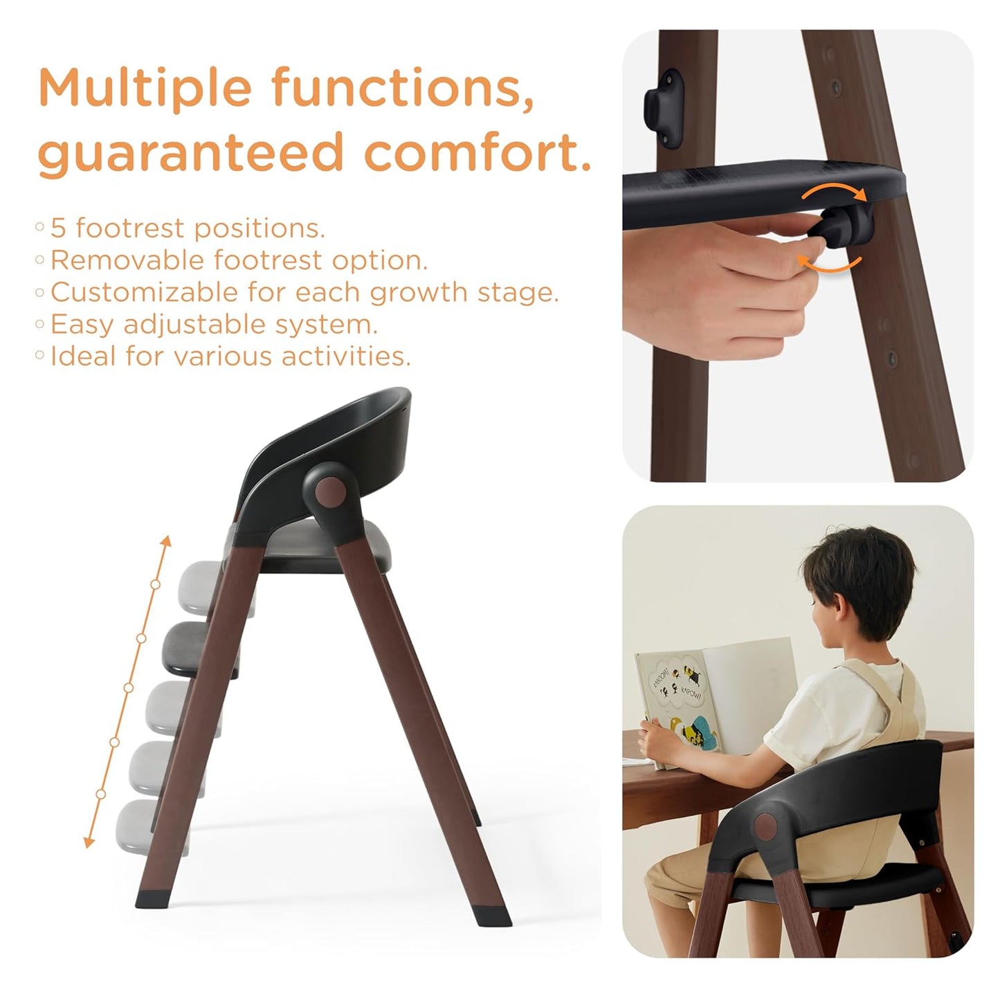 KUB High Chair for Babies and Toddlers Adjustable Foldable Convertible 5 Point Harness Easy Clean Wood-Printed Metal with Removable Tray Baby Highchair for Family (Black&Walnut Wood-Printed Metal)
