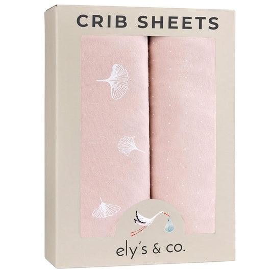 Ely’s & Co. Crib Sheet 2-Pack — Combed, 100% Jersey Cotton for Baby Girl — Rosewater Pink, Pin Dots & Gingko Leaves 52” x 28”