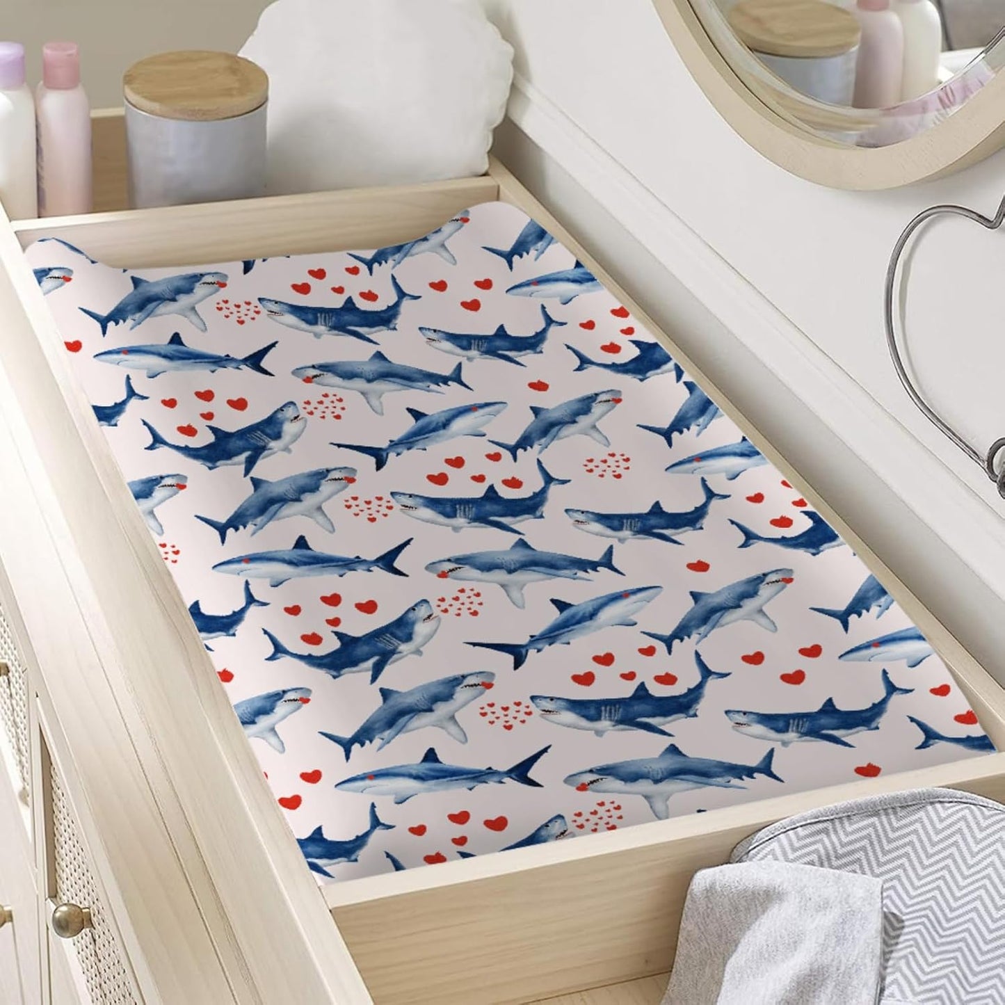 Sea Shark Hearts Changing Pad Cover Sea Ocean Marine Animal Shark Love Diaper Changing Pad Cover for Boys Girls Soft Stretch Diaper Changing Pad Cover Sheets 32''x16''