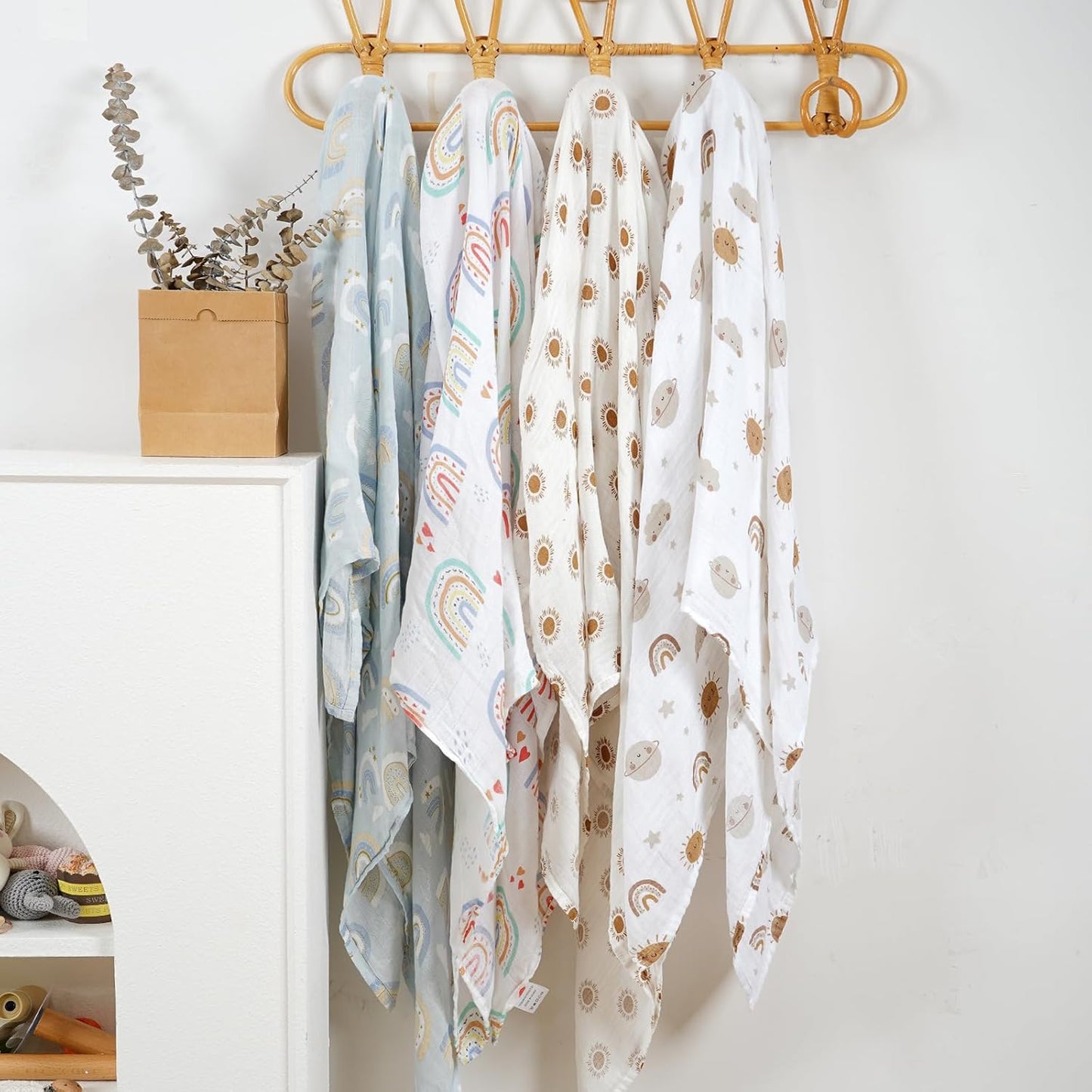 4 Set Muslin Swaddle Blankets for Newborn Baby Boys, Girls,Receiving Blankets-Cute Soft Print Baby Towel Wrap 120x110cm Baby(Rainbow)