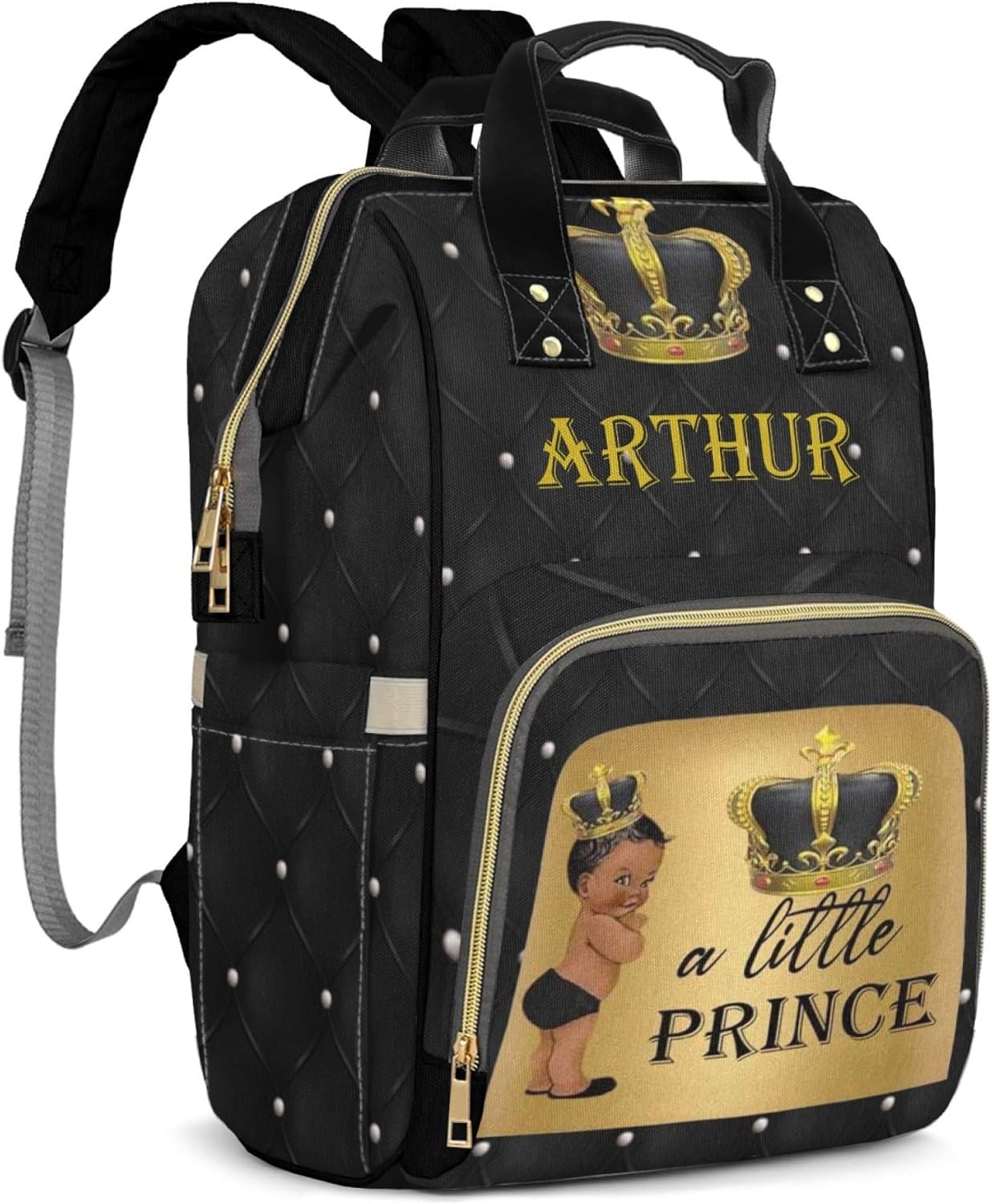 Personalized Diaper Bag Backpack for Boys, Black Gold Custom Diaper Bag with Name, Large Capacity, Waterproof Baby Boys Bag Backpack with Adjustable Shoulder Straps Nappy Bag