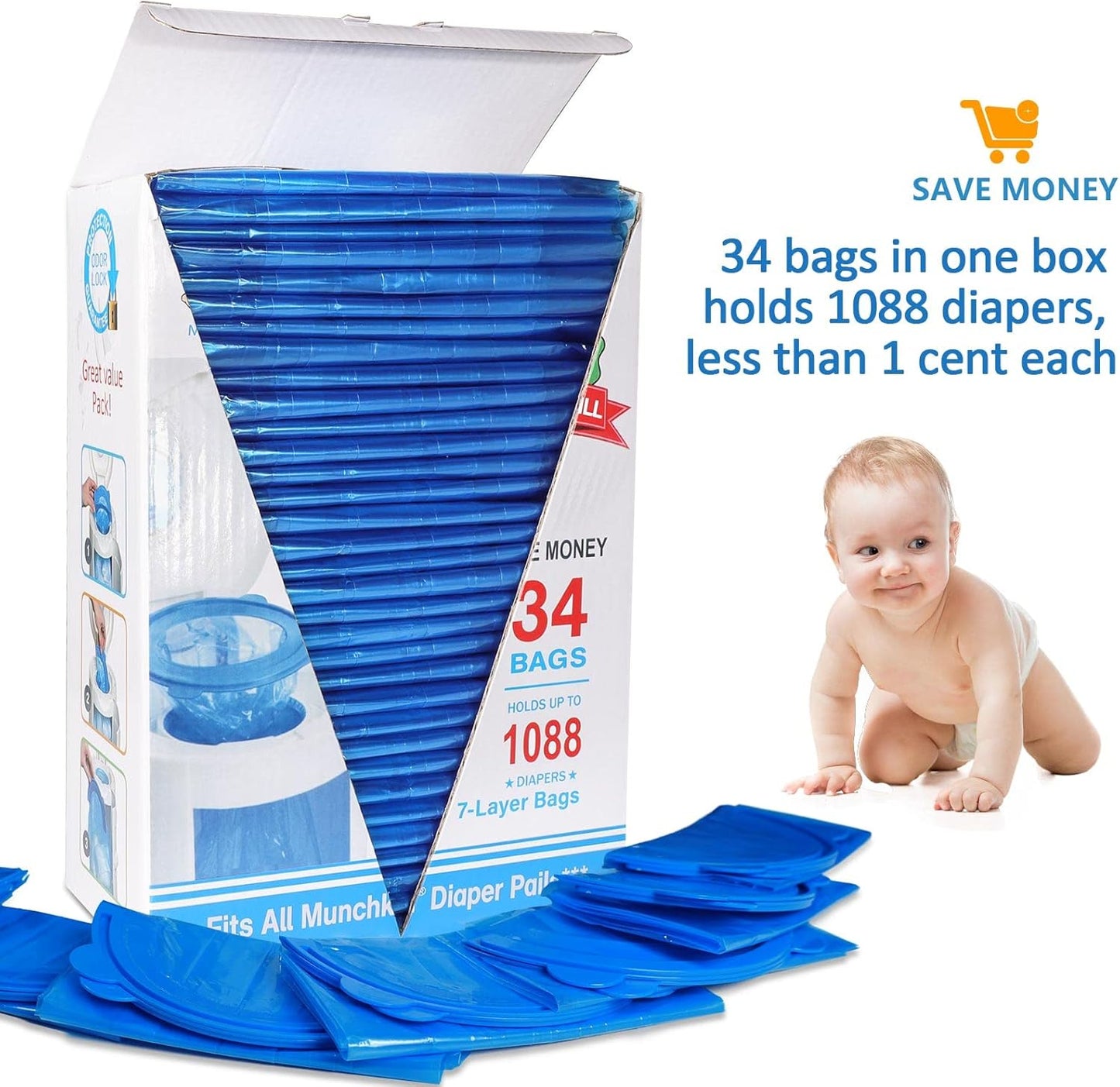 Diaper Pail Refill Bags 34 Bags 1088 Counts Compatible with Arm&Hammer Disposal System, 100% Lock Odor, Seal and Toss Diaper Pail Refills