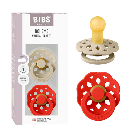 BIBS Boheme Pacifier 2-Pack. BPA Free, Round Nipple. Natural Rubber Latex, Made in Denmark, Size 1 (0-6 Months) - Vanilla/Candy Apple