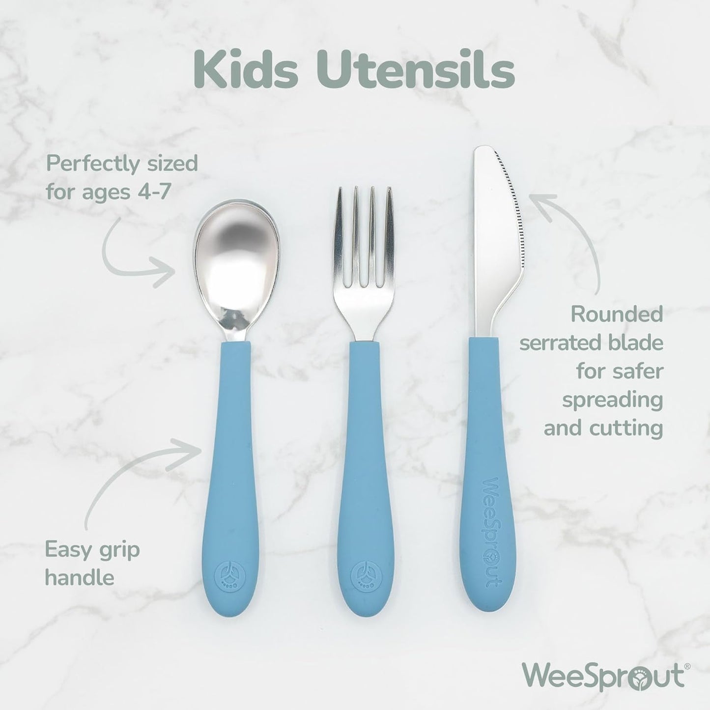 Kids Stainless Steel Utensils Set - Premium 18/8 Grade Silverware Kit - 2 Spoons, 2 Forks, and 2 Knives for Ages 4-7 - Silicone Easy-Grip Handles - Children Flatware Cutlery (Bright - Blue, Green)