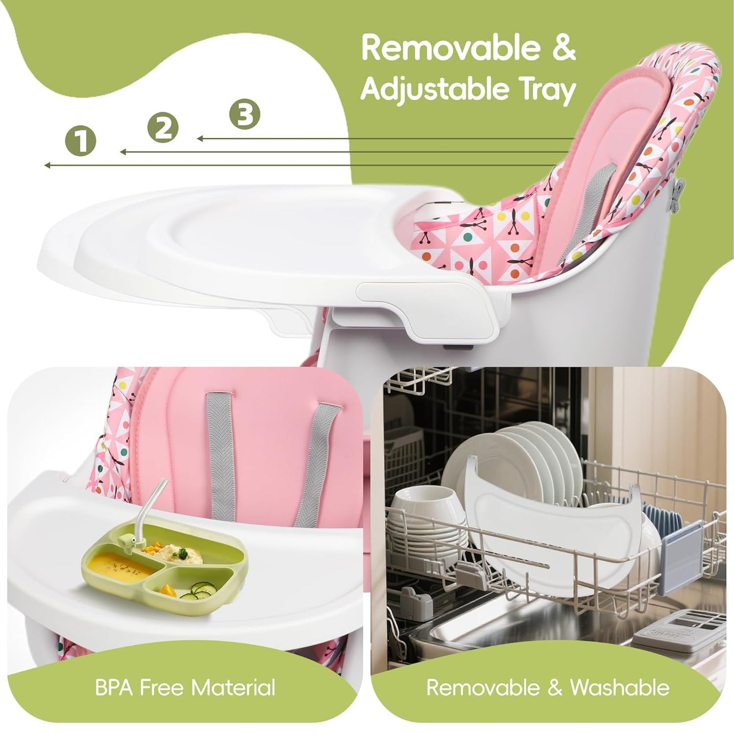 15 in 1 Convertiable High Chair for Babies and Toddlers, 2 in 1 Highchair & Activity Center w/Toys, Booster Seat, Toddler Chair w/5-Point Harness & Removable Tray & 2-Layer Cusion (Pink)