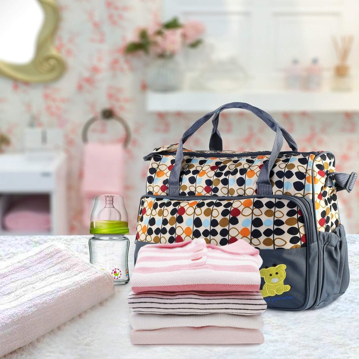 5Pcs Diaper Bag Tote Set,Large Mommy Bag with Portable Nappy Changing Pad,Pacifier Case,Travel Baby Bags for Mom