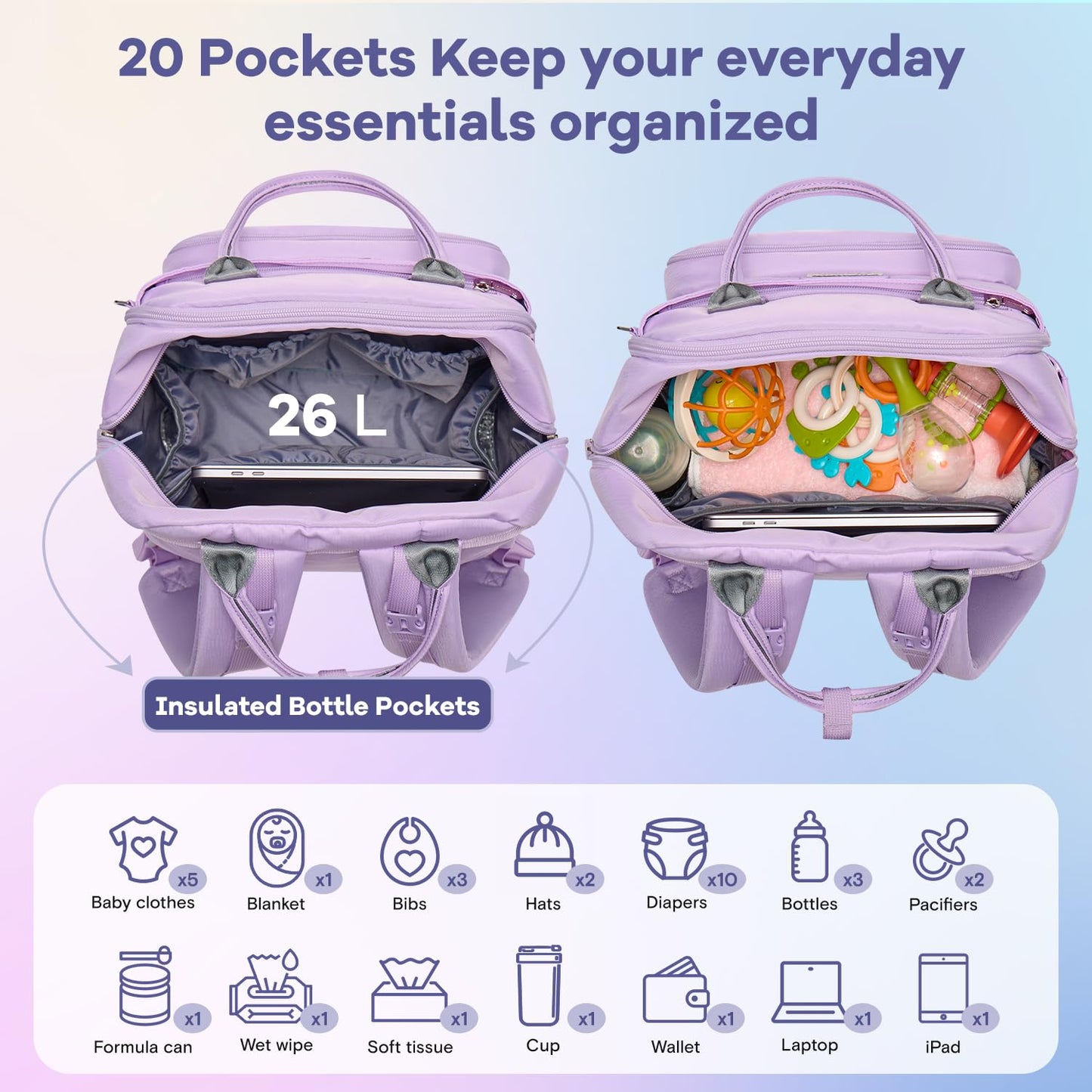 RUVALINO Diaper Bag Backpack, Multifunction Travel Pack Maternity Baby Changing Bags, Large Capacity, Waterproof, Light Purple