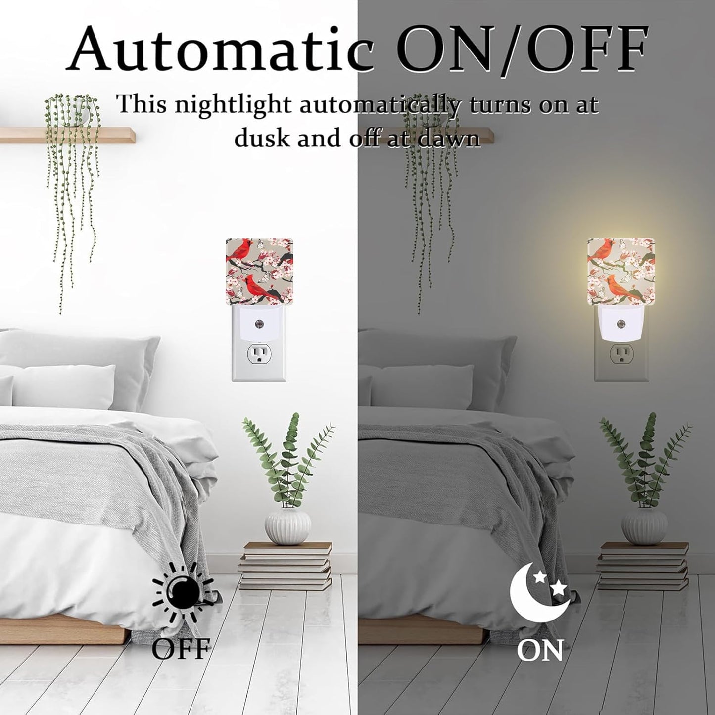 Red Cardinal with Cherry Blossoms Night Light for Kids,Pink Spring Floral Bird Night Light Plug in with Dusk to Dawn Sensor,0.5w Energy Saving Nightlight for Hallway Stairway Kitchen Bedroom