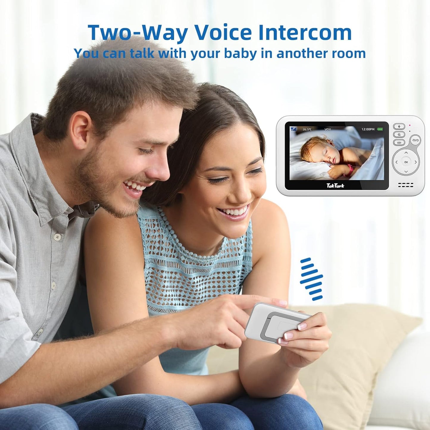 TakTark Baby Monitors with Camera and Audio, 4.3 inches, No Wi-Fi, 2 Way Audio, Night Vision, Digital Zoom, VOX Power Saving, Room Temperature, Ideal for New Parents