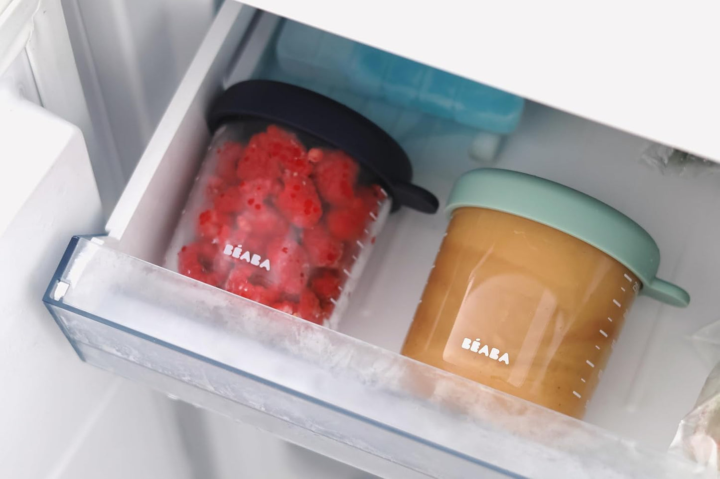 BEABA 6 Pack Glass Baby Food Jars with Soft Silicone Air Tight Lids, 8 oz Glass Storage Containers with Lids, Microwave and Freezer Safe Containers, Sunrise