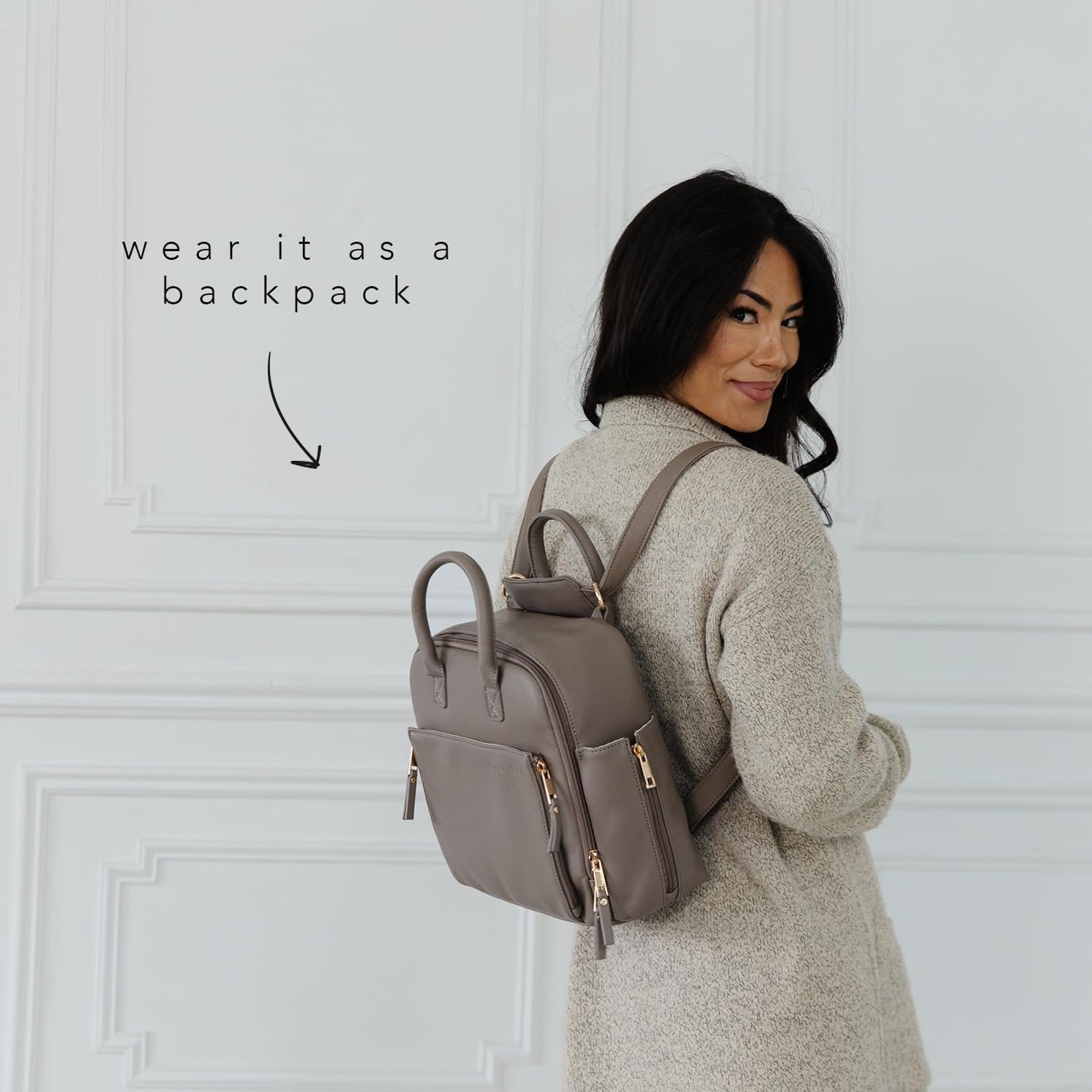 Ayla & Co Mini Bag, Transitional Minimal Diaper Bag, Vegan Leather, with Expandable Pockets, Built-In Wallet, Organizer