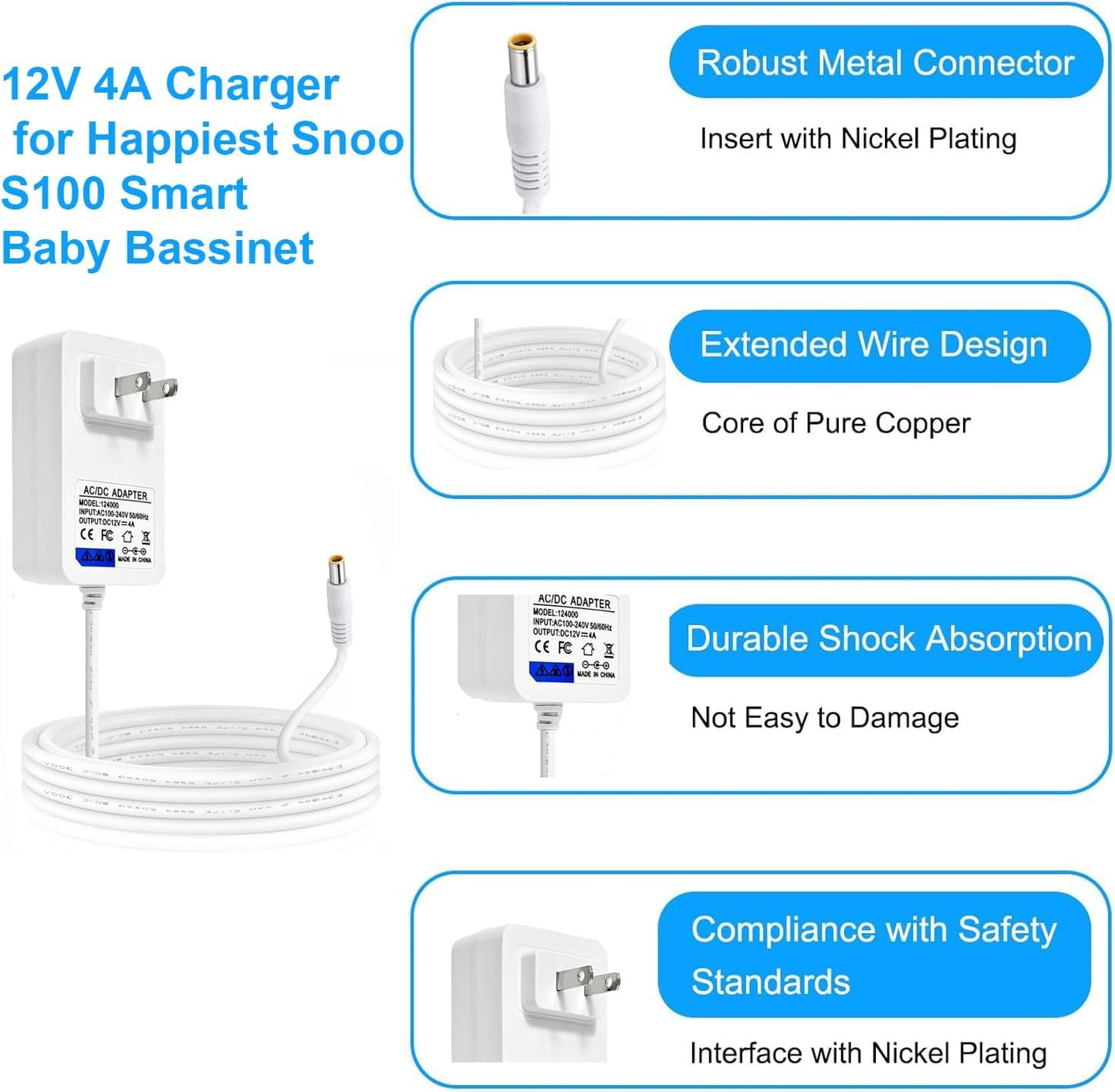for Snoo Replacement Cord,12V 4A Snoo Power Cable S1000 Compatible with Snoo Model S1000 Happiest Baby Snoo Smart Sleeper Bassinet YLS06511F-120400 YLS06511F120400 83368703 4767SNXX100 Charger