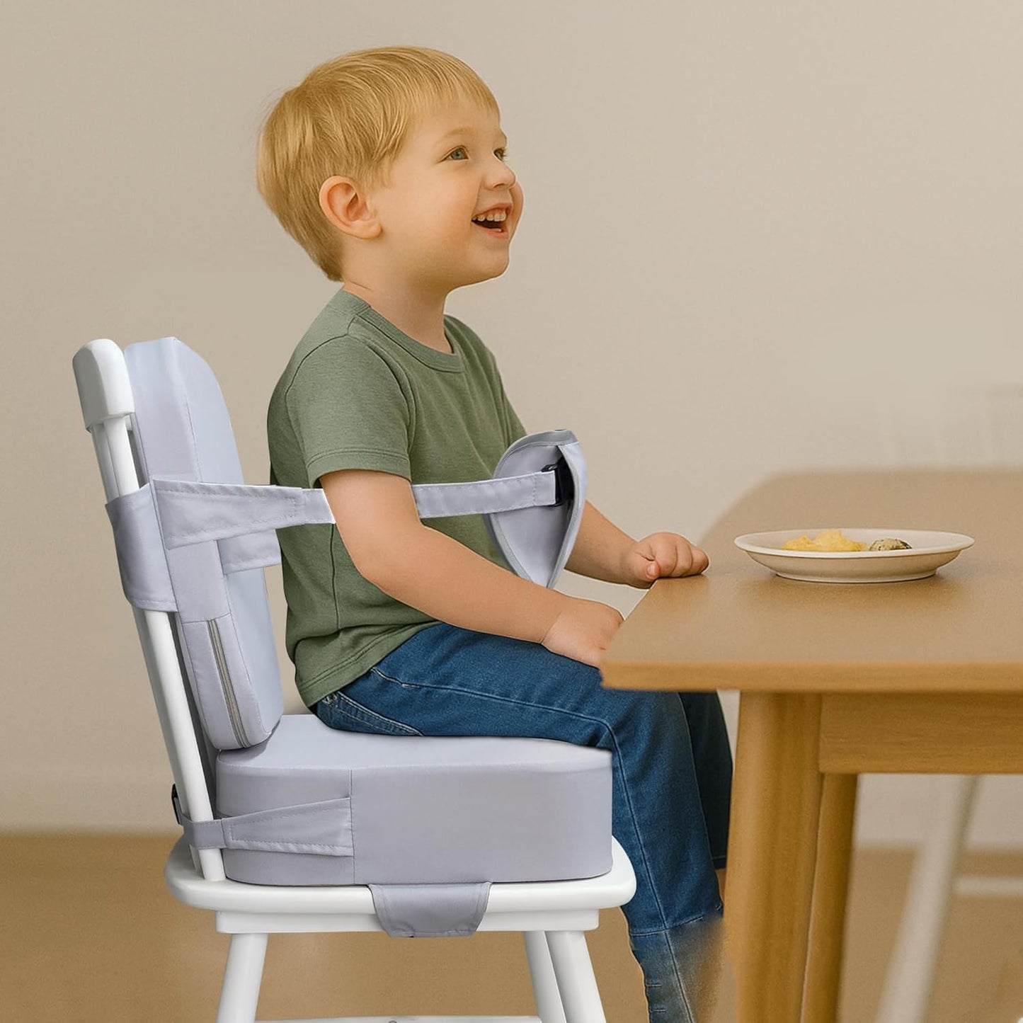 Toddler Booster Seat for Kitchen Chair and Dining Table, Non-Slip Cushion with Backrest, Adjustable Straps, Waterproof and Portable for Travel - Grey
