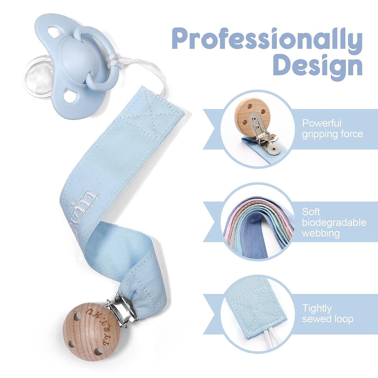 TYRY.HU Personalized Pacifier Clip with Name, Embroidery Pacifier Holder for Baby Girls and Boys, Neutral Binky Clips Universally Fit All Pacifiers & Baby Toys, Baby Gift, 2 Pack(Blue,Light Blue)