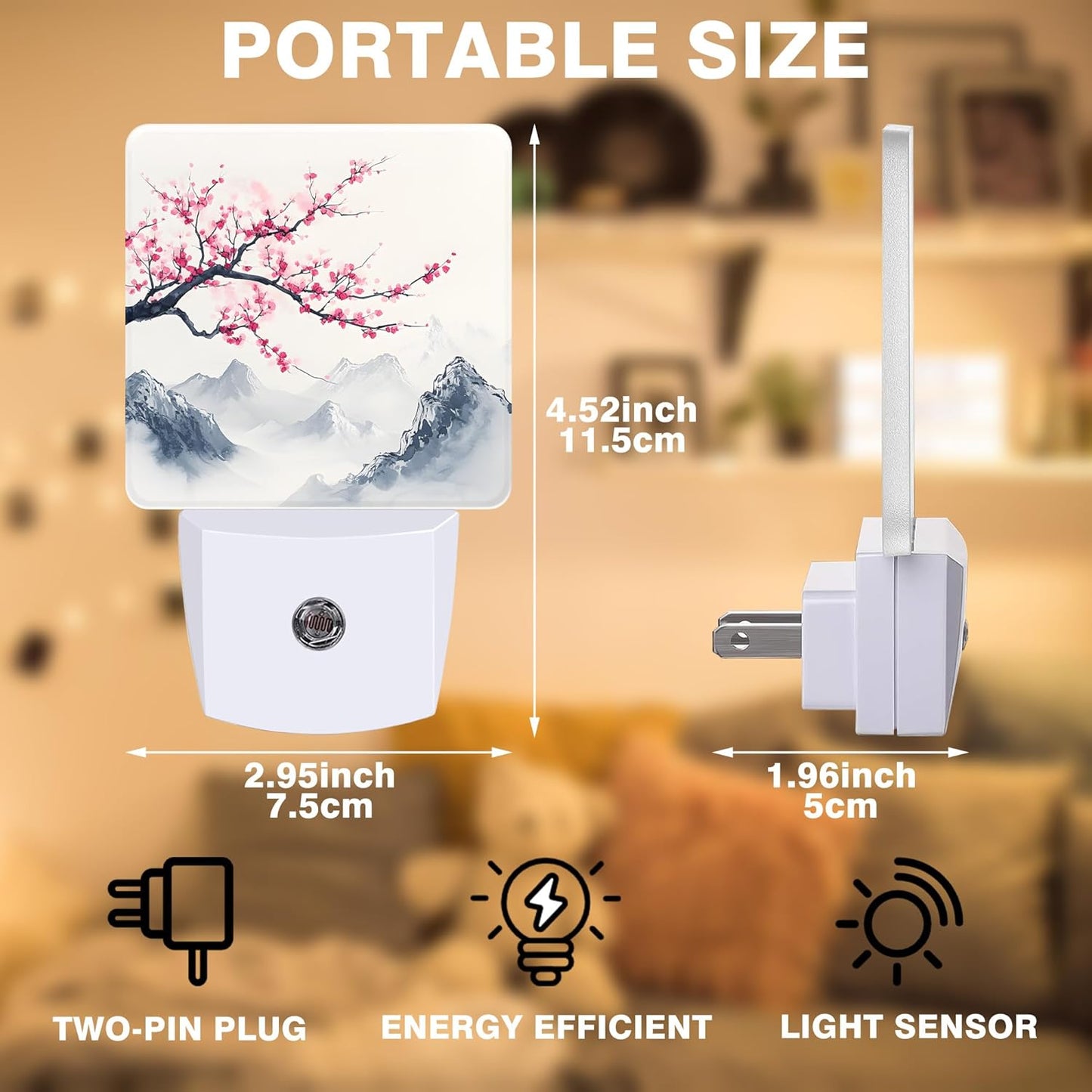 Cherry Blossom Tree Night Light, Japanese Mountains Plug-in Nightlight with Dusk to Dawn Auto Sensor for Home Bedroom Hallway Kitchen 0.5W Sleep Friendly Led Lamp for Women Men