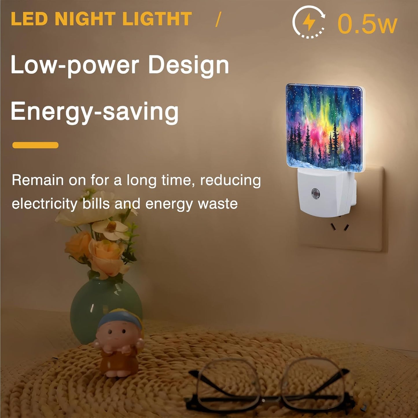 Winter Forest Night Light Northern Lights Night Lights Plug into Wall Smart Dusk to Dawn Sensor 0.5W Energy Efficient Led Lamp for Men Women Bedroom Bathroom Hallway Stairway Decor