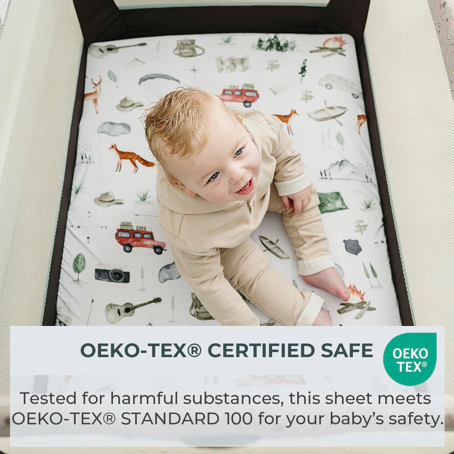 Pobibaby - 2 Pack Premium Pack N Play Sheets Fitted for Standard Pack and Plays and Mini Cribs - Ultra-Soft Cotton Blend, Stylish Woodland Pattern, Safe and Snug for Baby (Explore)