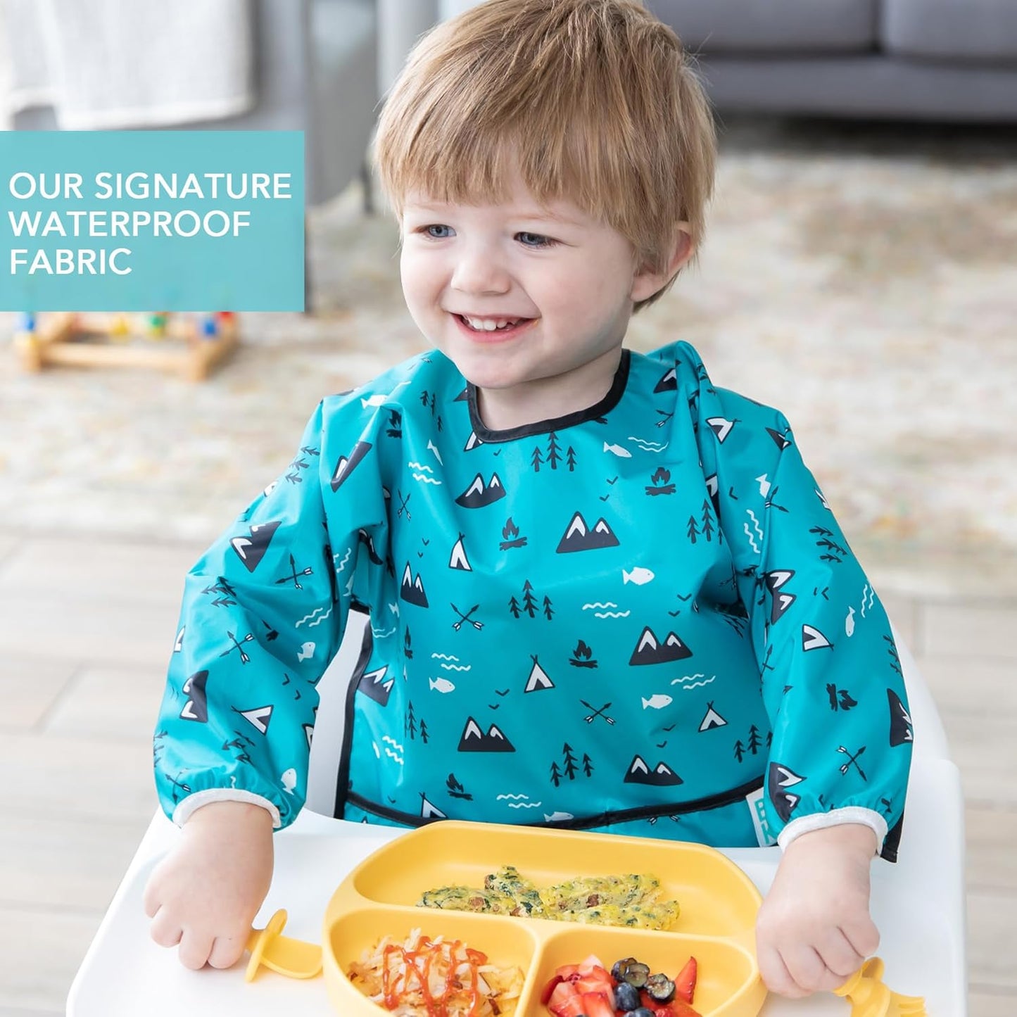 Bumkins Sleeved Bib for Girl or Boy, Baby and Toddler for 6-24 Mos, Essential Must Have for Eating, Feeding, Baby Led Weaning Supplies, Long Sleeve Mess Saving Food Catcher, Fabric, Outdoors Blue