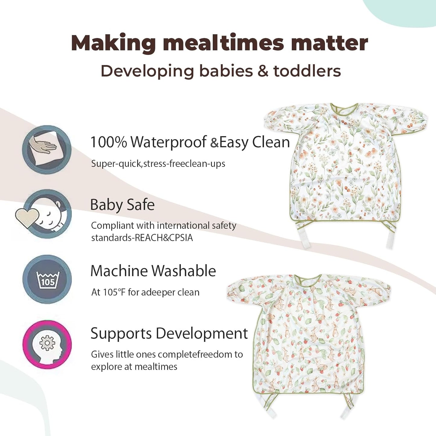Happy Flute Long Sleeve Baby Bib-Mess Proof Baby Feeding Bibs with Adjustable Design for Babies during Eating or Highchair