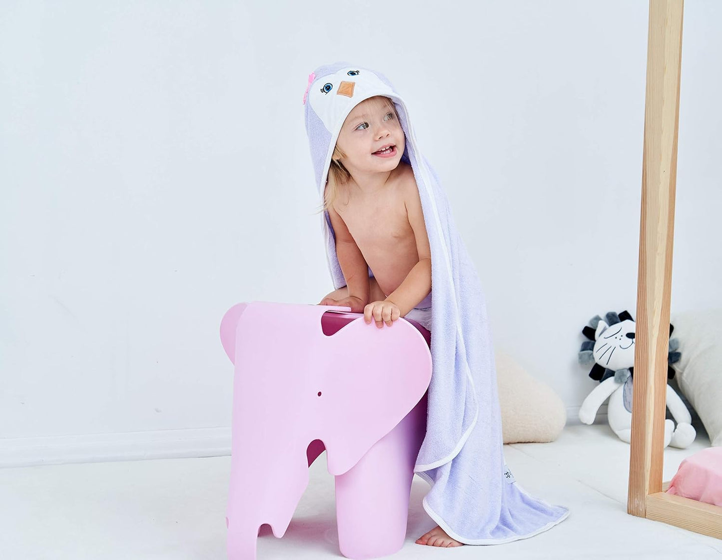 HIPHOP PANDA Hooded Towel - Rayon Made from Bamboo, Bath Towel with Bear Ears for Newborn, Babie, Toddler, Infant - Absorbent Large Baby Towel - Purple Penguin, 37.5 x 37.5 Inch