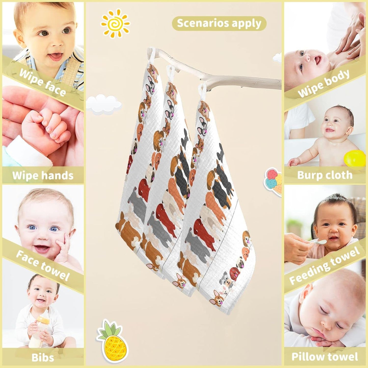 Dog Faces Baby Muslin Washcloths Dog Back Burp Cloths Cute Puppy Soft Absorbent Baby Wash Cloth Fingertip Face Towels for Newborn Boys Girls 12 x 12 in, 3 Pack