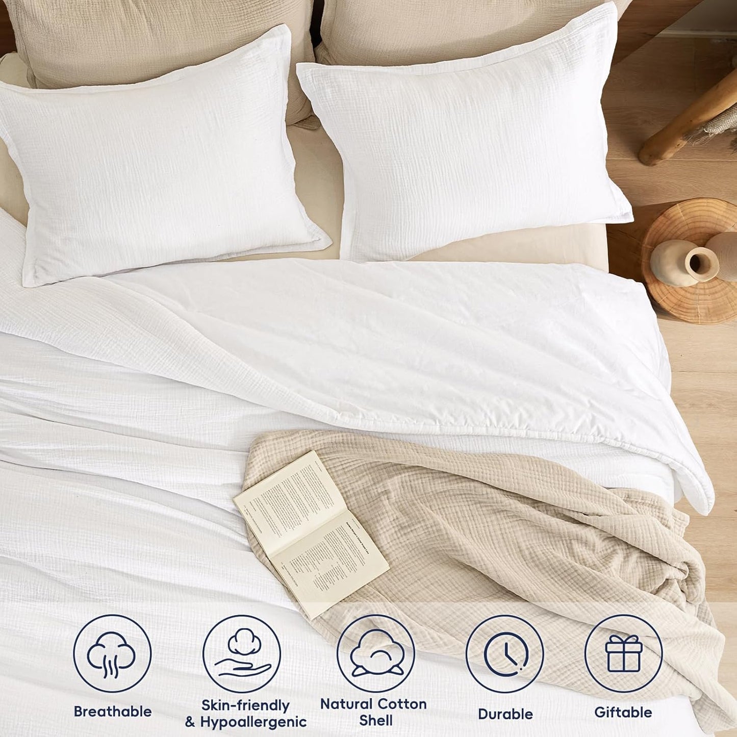 PHF Cotton Muslin Comforter Set Queen Size – Ultra Soft, Breathable & Lightweight Bedding Set for All Seasons, 3 Pieces - 1 Comfy Comforter 90"x90", 2 Pillow Shams 20"x26", White
