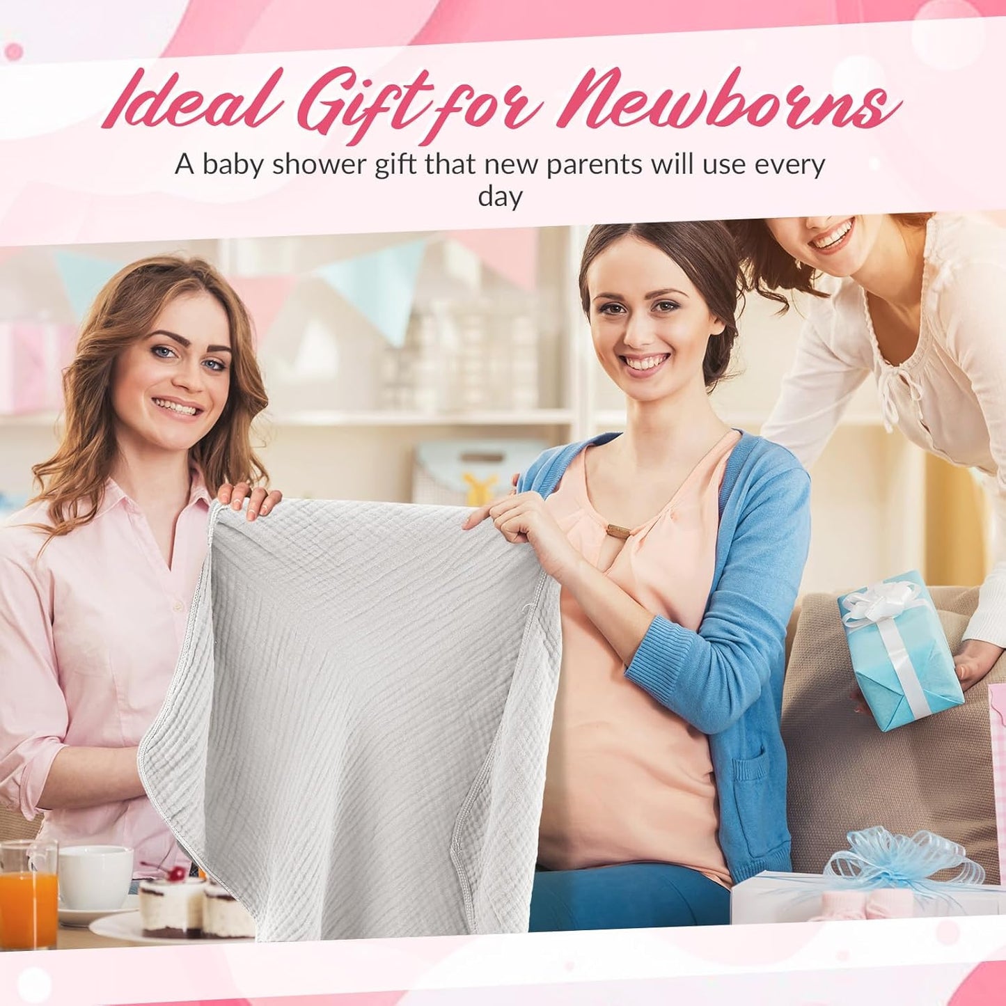 6 Pcs Muslin Hooded Bath Towels Washcloths and Bibs Set, Muslin Cotton Baby Towels Absorbent Hooded Blanket Towel Infant Bibs for Boys Girls Newborn Infant Essentials(White,Pink)