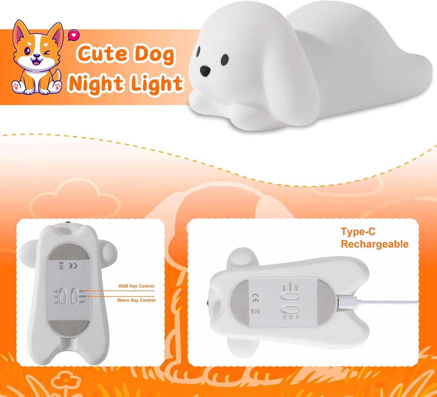 ZKLiLi Dog Night Light for Kids Lamp, 16 Colors Dog Lamp Cute, Dimmable Baby Night Lights for Nursery,Silicone Rechargeable Nightlight for Kids Room, Kawaii Room Decor,Cute Gifts for Kid