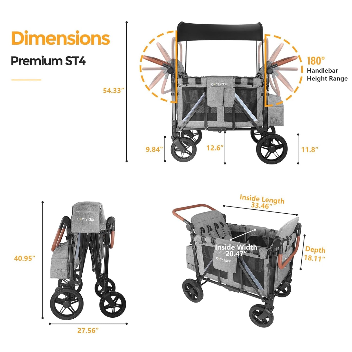 Premium 4-Seater Wagon Stroller for Kids, All-Terrain Heavy Duty Stroller Wagon with 300lb Capacity, 1-Hand Fold, High Seats with 5-Point Harness, Adjustable Canopy & Handlebars, Light Gray