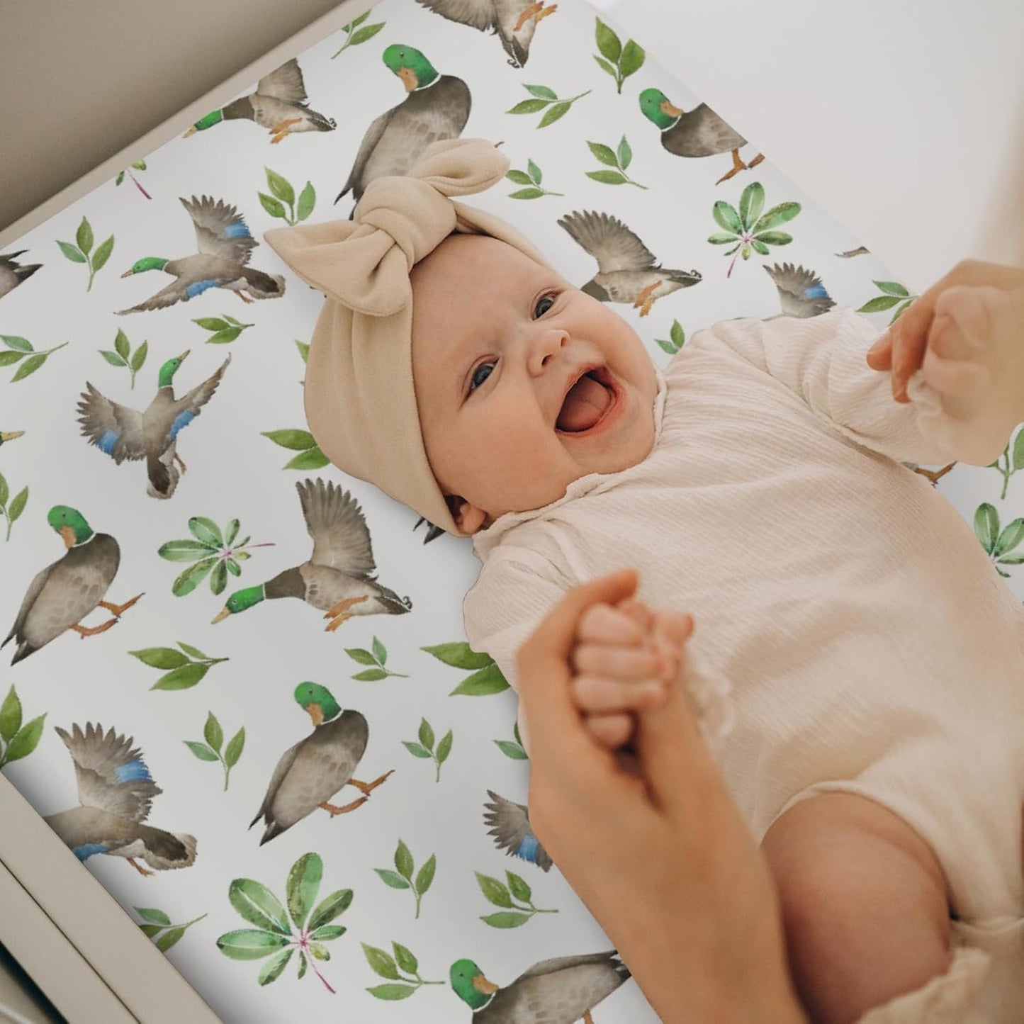 Wild Ducks Green Leaves Changing Pad Covers for Baby Girl Boy Green Mallard Ducks Fitted Change Table Cover Mats Duck Hunting Animals Soft Diaper Changing Table Sheets 32''×16''