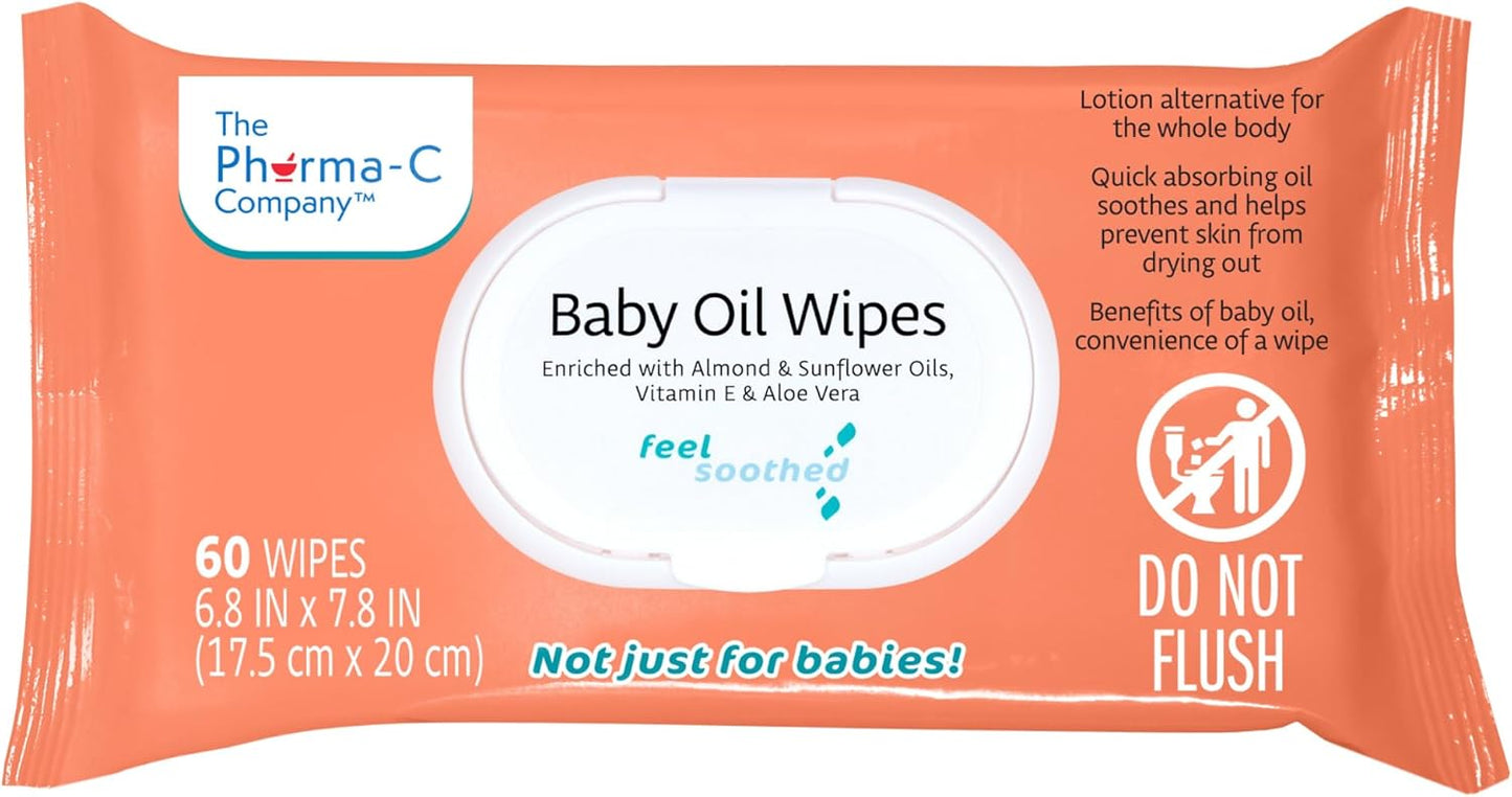 The Pharma-C Company Baby Oil Wipes. (60 Wipes) Enriched with Almond and Sunflower Oils, Aloe and Vitamin E.