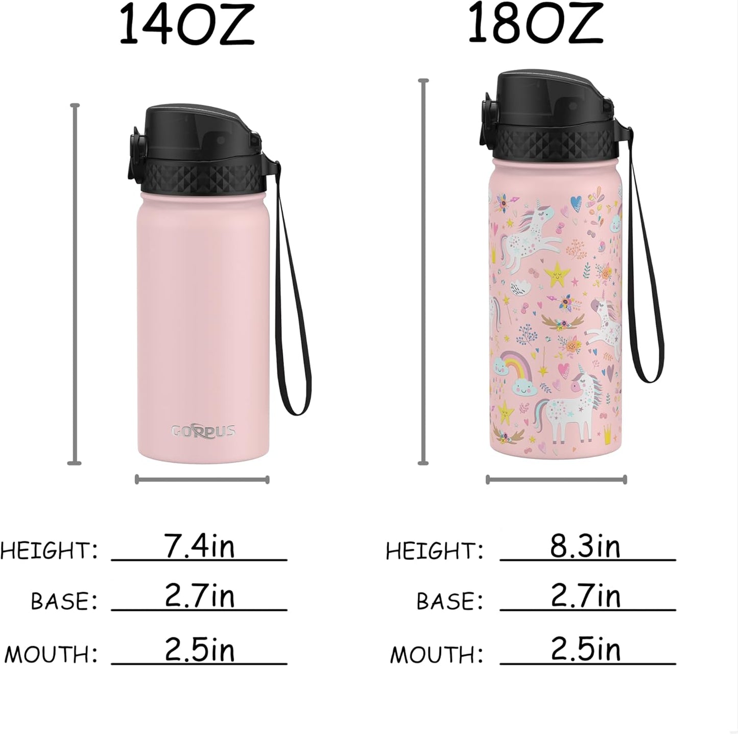 GOPPUS Kids Water Bottle (Straw Lid) - 18 Oz Stainless Steel Travel Bottle, Double Wall Vacuum Leak Proof Kids Cup for School Boys Girls,Unicorn Fields