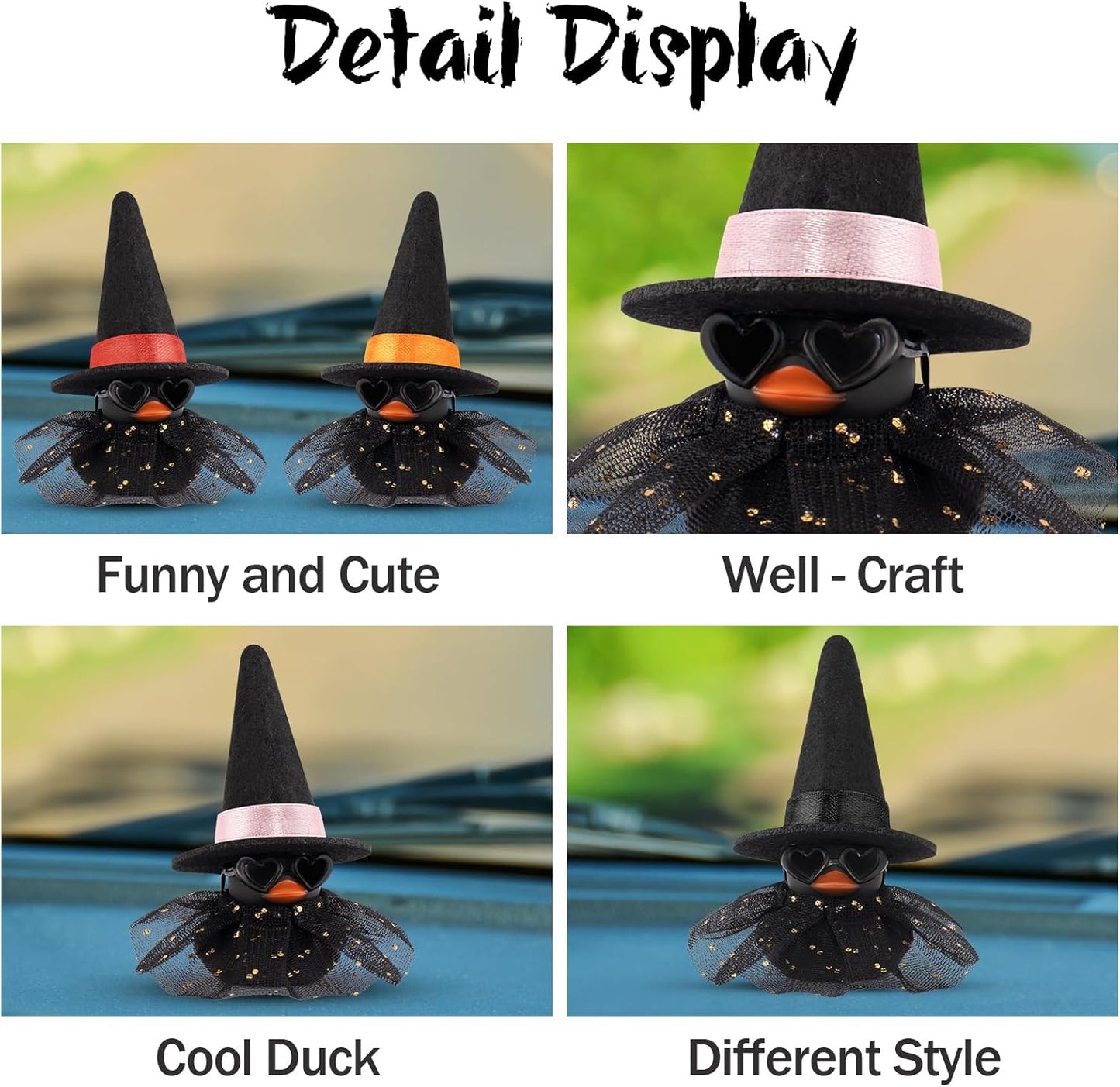 wonuu Car Dashboard Witch Black Rubber Ducks for Halloween, Decorations Duck for Office Desk Ornament Accessories with Hat Glasses Skirt, Red