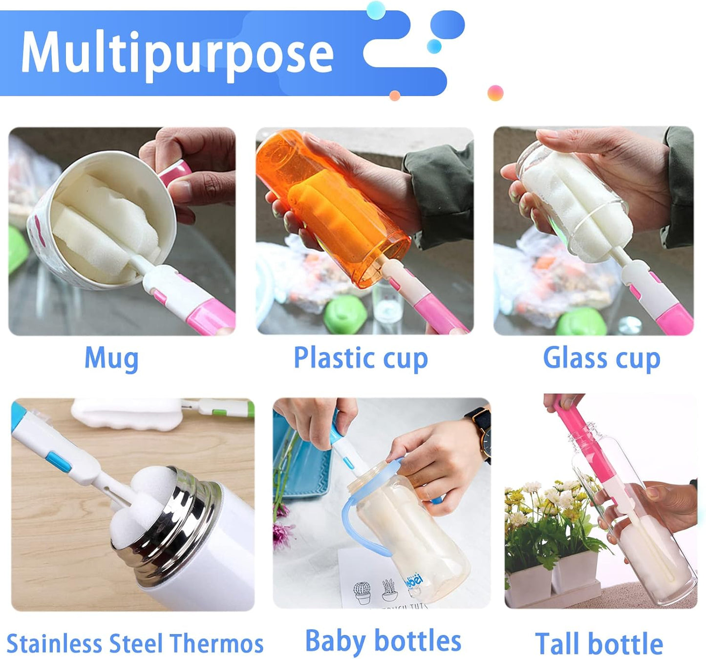INVODA 4PCS Sponge Cup Brush with 4PCS Straw Brushes Portable Long Handle Water Bottle Cleaner Brush for Baby Bottles Vacuum Flasks Mugs Glasswares