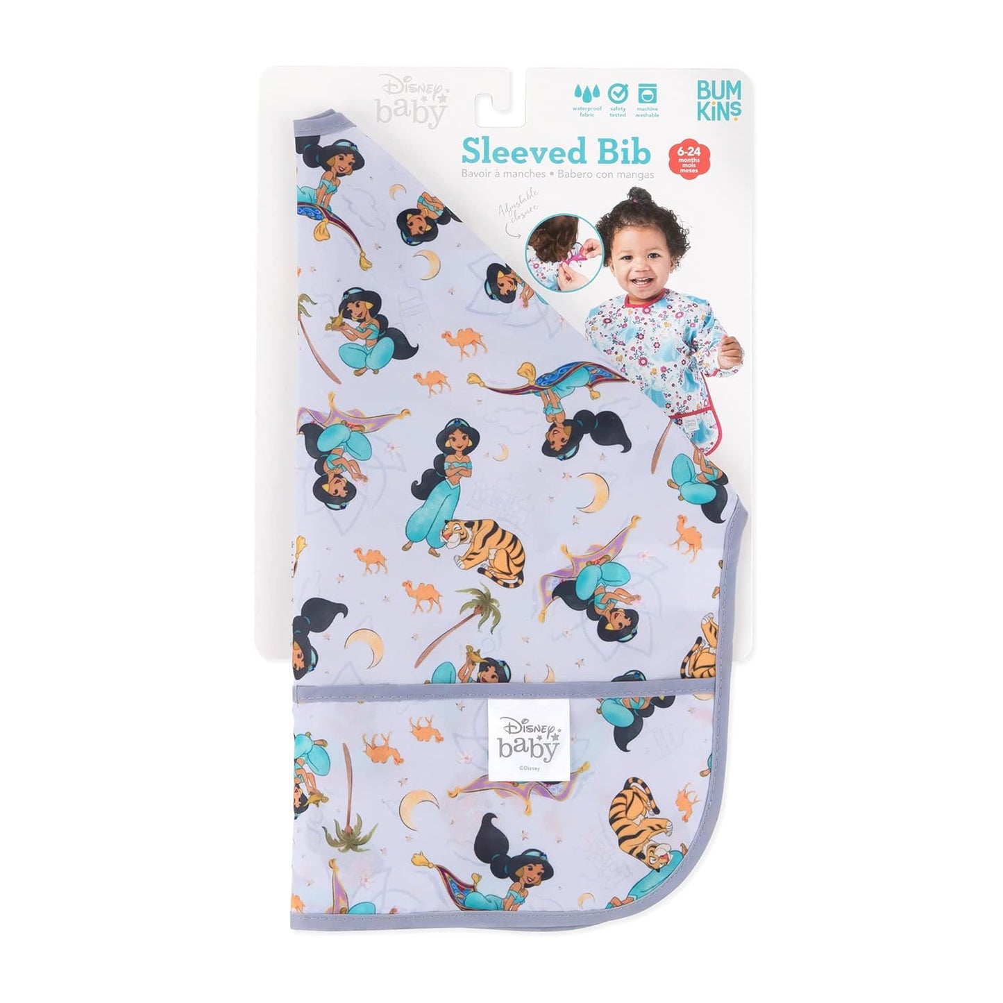 Bumkins Disney Sleeved Bib for Girl or Boy, Baby and Toddler for 6-24 Mos, Essential Must Have for Eating, Feeding, Baby Led Weaning Supplies, Long Sleeve Mess Saving Food Catcher, Jasmine