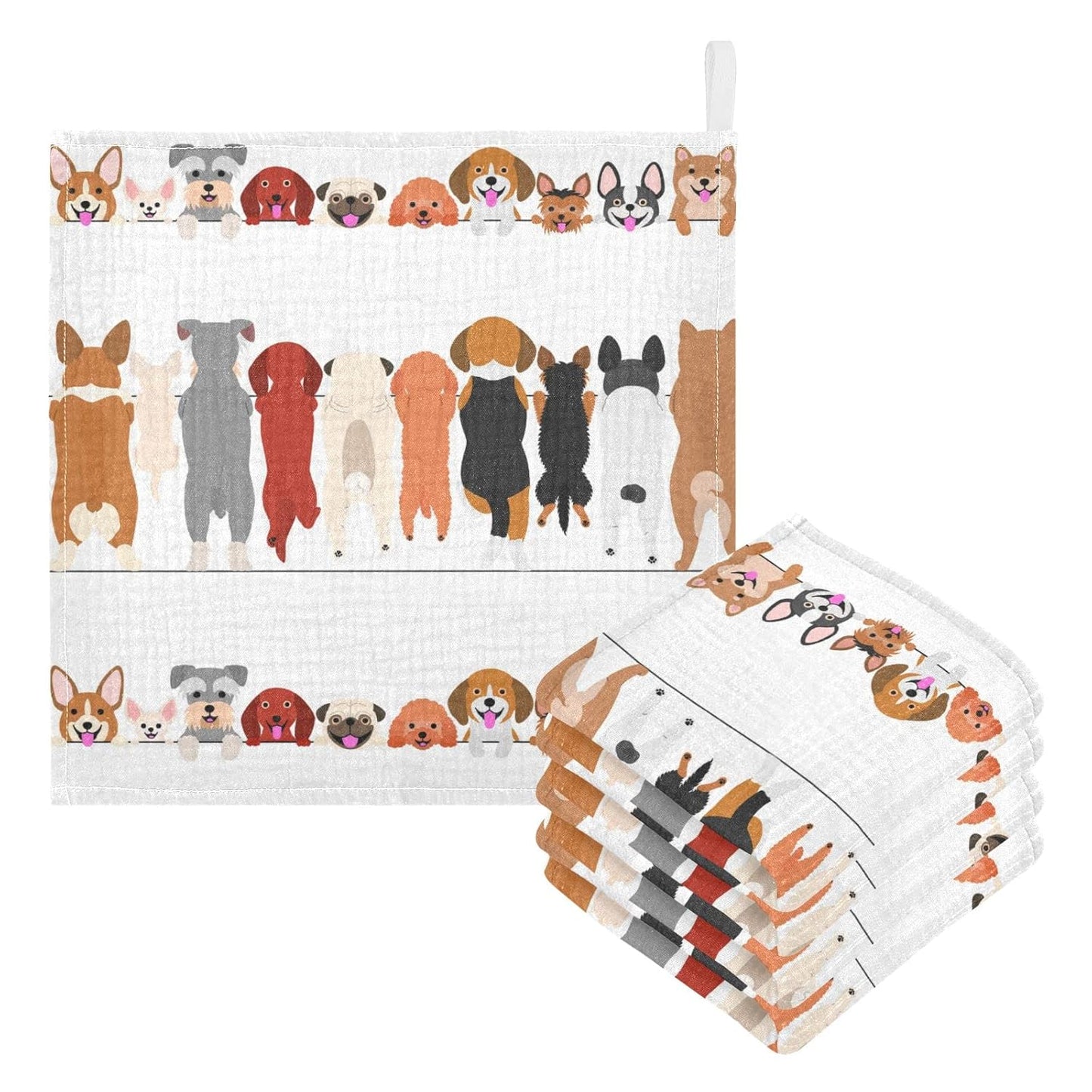 Dog Faces Baby Muslin Washcloths 5 Pack Dog Back Burp Cloth Christmas Shower Gift Soft Absorbent Infant Wipes Fingertip Face Towels for Newborn Boys Girls Kids, 12 x 12 in