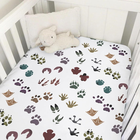 Cute Animals Tracks Baby Crib Sheets 52''x28'' Animals Footprint Snug Fitted Crib Mattress Cover for Boy Girl Wild Animals Soft Baby Bed Sheets for Standard Crib and Toddler Mattresses