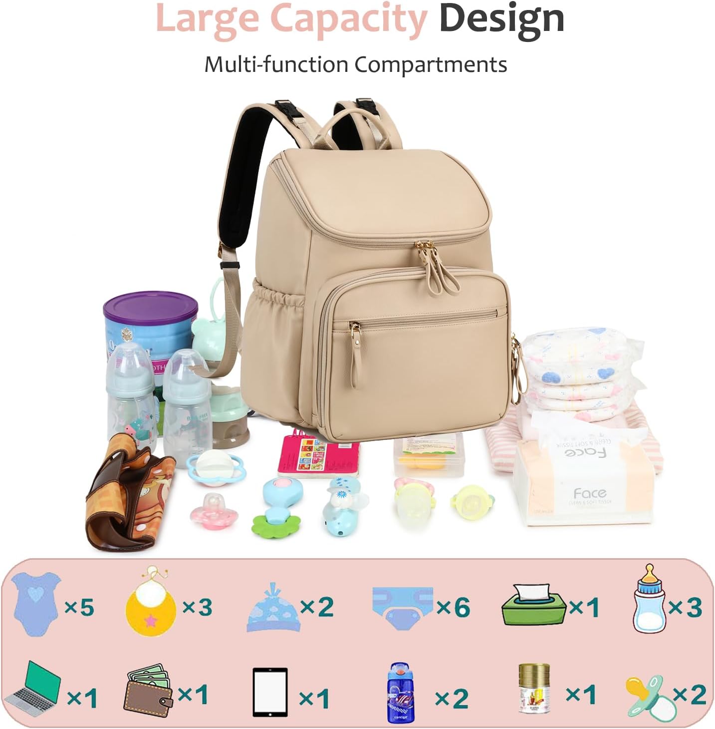 Large Capacity Diaper Bag Backpack with Stroller Buckle, Water-Resistant Travel Baby Bag with Insulated Pockets (Classic, Beige)