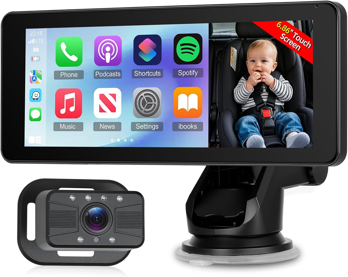 6.86 Inch Carplay Screen for Baby Monitor - 1080P Portable Car Stereo with Baby Car Camera/Wireless CarPlay/Android Auto/Night Vision/150° Wide Angle/AirPlay/GPS Navigation + 64G Card, Easy to Install