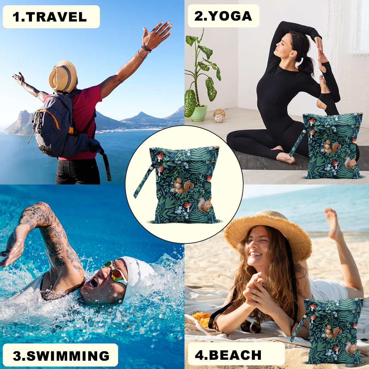 2Pcs Forest Animal Wet Bags 12x10 Inch, Cottage Core Botanical Waterproof Travel Laundry Bags, Squirrel Fox Wolf Reusable Wet Dry Bag for Swimsuit Pool Beach Diapers Dirty Yoga Gym Clothes