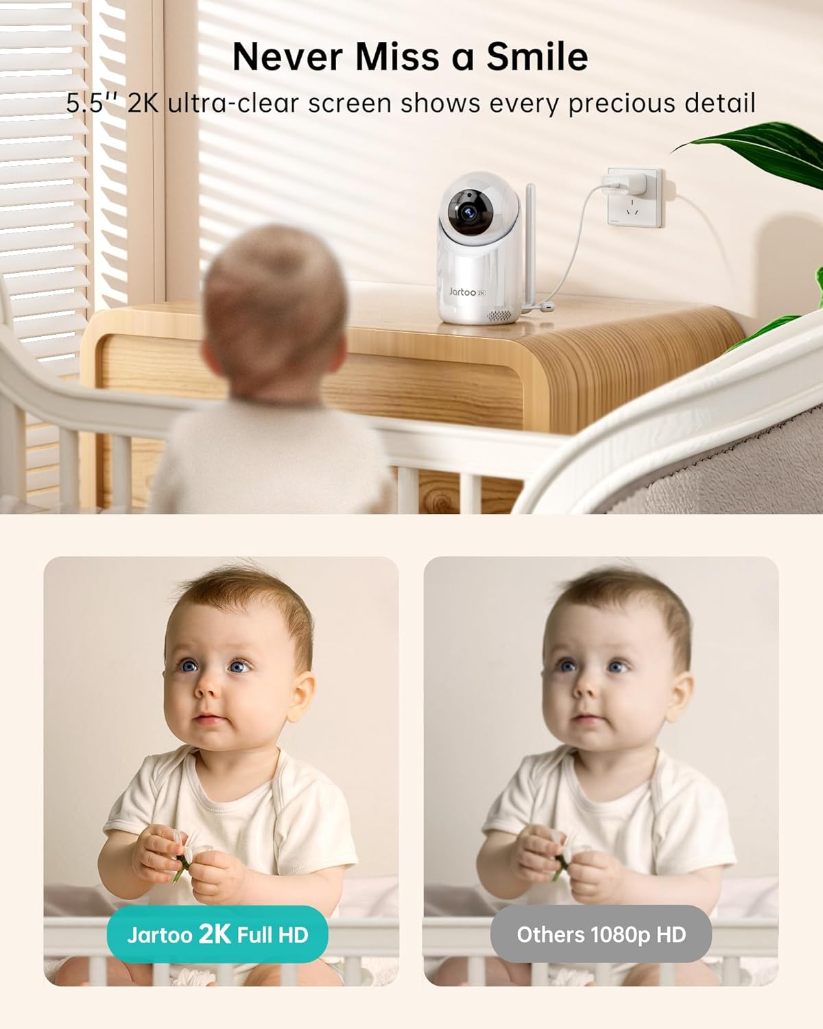 Jartoo 2K Video Baby Monitor with Camera and Audio, 1860ft Long Range Baby Monitor No WiFi 5.5" FHD Screen ANC Baby Camera Wireless, Feeding Clock, Night Vision, 2-Way Talk, AI Cry Detect, 6000mAh