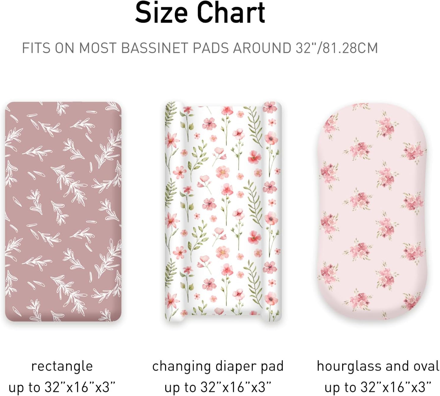 Floral Bassinet Sheets Girl 3 Pack, Breathable Cozy Fitted Mattress Sheet, Elastic Travel Bassinet Fashionable, Standard Cradle Safe Sheets for Baby Boy Girls 32" x 16"