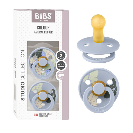 BIBS Pacifiers - Studio 2 Pack | Round Nipple Baby Pacifier | BPA Free Natural Rubber Latex Soother | Made in Denmark | Size 0+ Months | Morning Bloom Dusty Blue