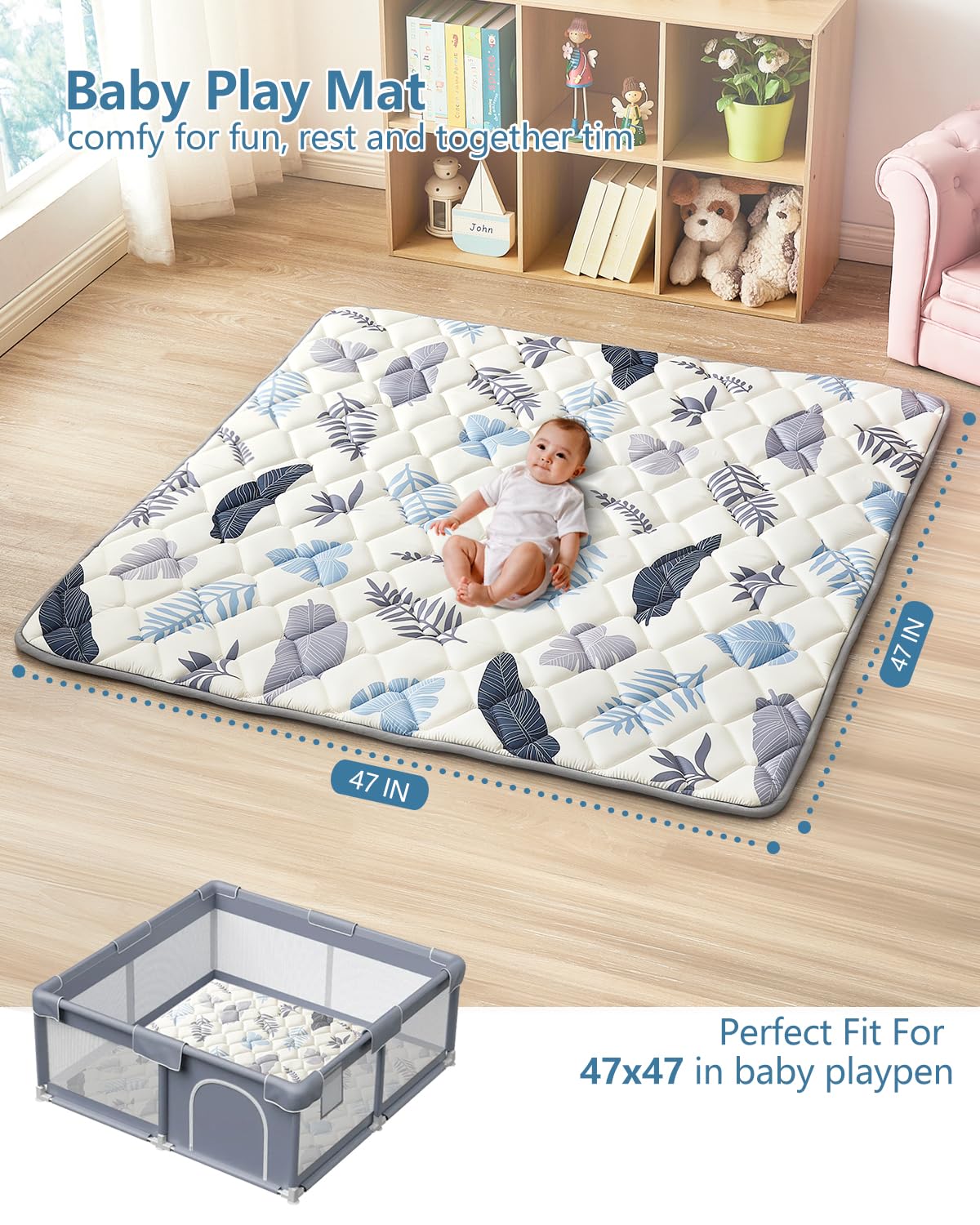 Baby Play Mat 47"x47", Non-Slip Baby Mat for Floor, Soft Thicker Playpen Mat, Portable Playmat, Crawling Mat for Babies, Toddlers & Infants to Play and Learn