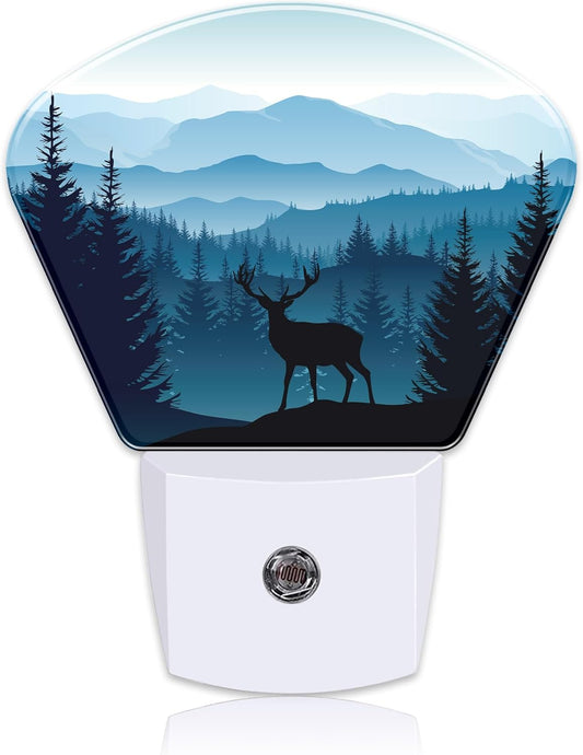 Blue Misty Mountains Plug in Night Lights, Deer Nightlight Plug Into Wall Dusk to Dawn Sensor for Kid Girls Boys Women Men Bedroom, Hallway, Kitchen, Bathroom, Stairs Decor