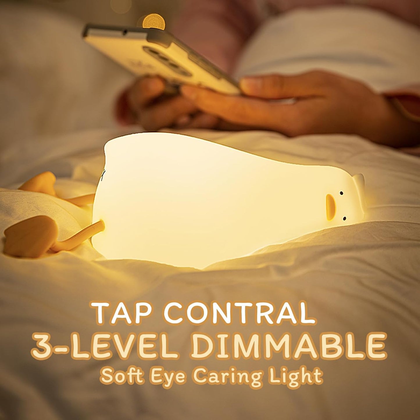 Silicone Night Light for Kids - Squishy Duck Lamp, 3-Level Dimmable & Rechargeable Baby Night Light for Breastfeeding & Nursery | Touch Control, Lying Flat Design, Toddler Safe (Ducky Lay Light)