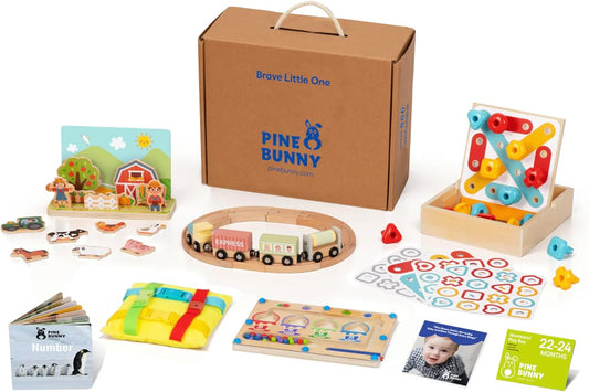 Pine Bunny Montessori Wooden and Plush 12-in-1 Toy Set for 22+ Months, Buckle Toy, Magnetic Color Cup Match Pattern Pegs Space and Distance Farm Game Wooden Train Set Educational Learning Toddler Toys