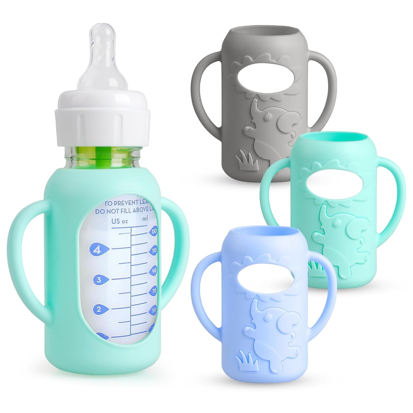 3-Pack Silicone Bottle Sleeve with Handles for Dr. Brown’s 4oz Narrow Glass Baby Bottles – BPA-Free, Heat-Resistant, Anti-Slip Grip, Easy to Clean, Multiple Colors (4oz,Green + Blue + Gray)